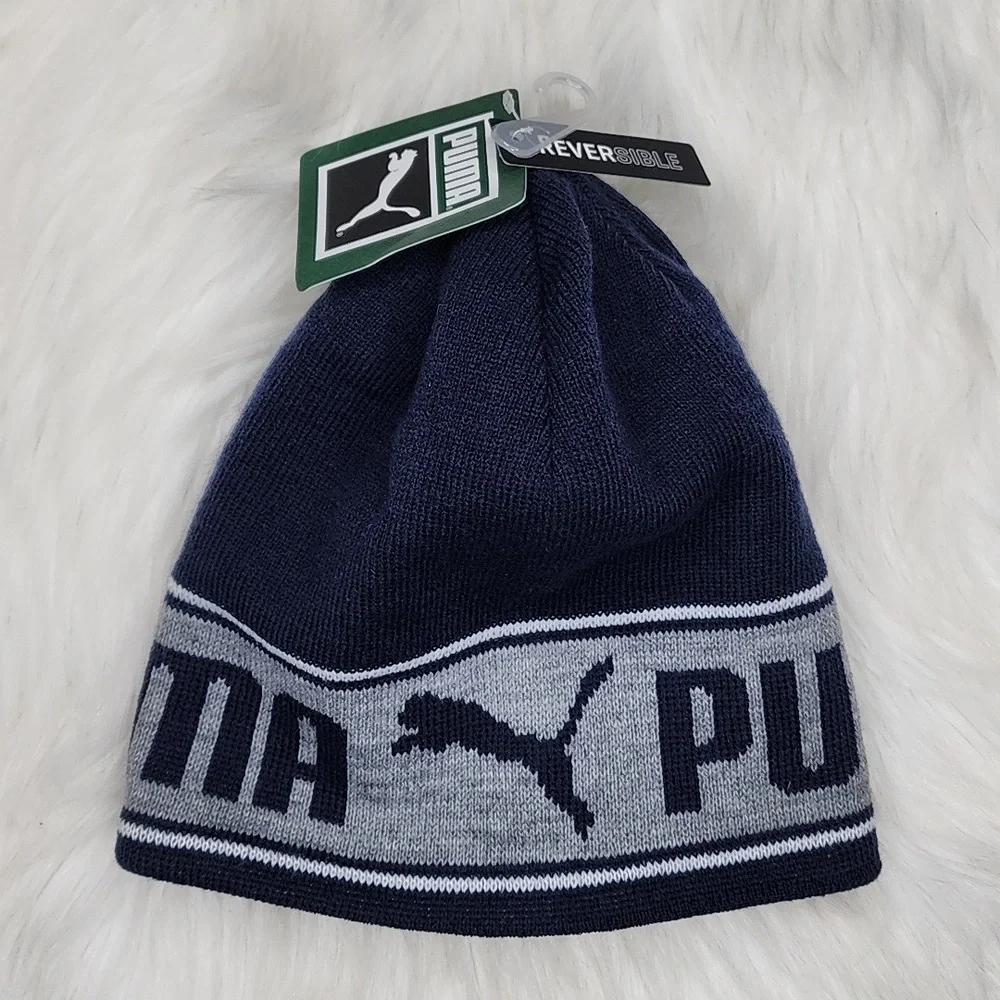 Puma Bryant Reversible Beanie Navy Blue Grey White New With Tags